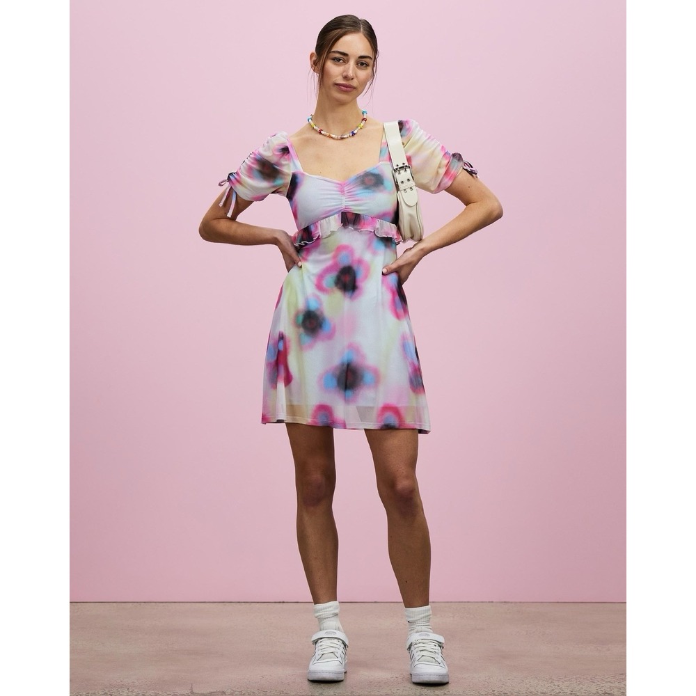 Topshop Paint‎ Floral Mini Dress M NWT Puff Sleeve Y2K Mesh Ruffle Tea